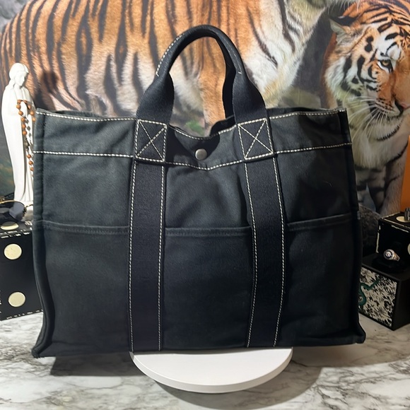 HERMES Fourre Tout MM Tote Bag Handbag Canvas Black with White Stitching in GUC - Picture 7 of 16